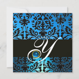 Invitation DAMAS BLEU NOIR À MONOGRAMME Saphir