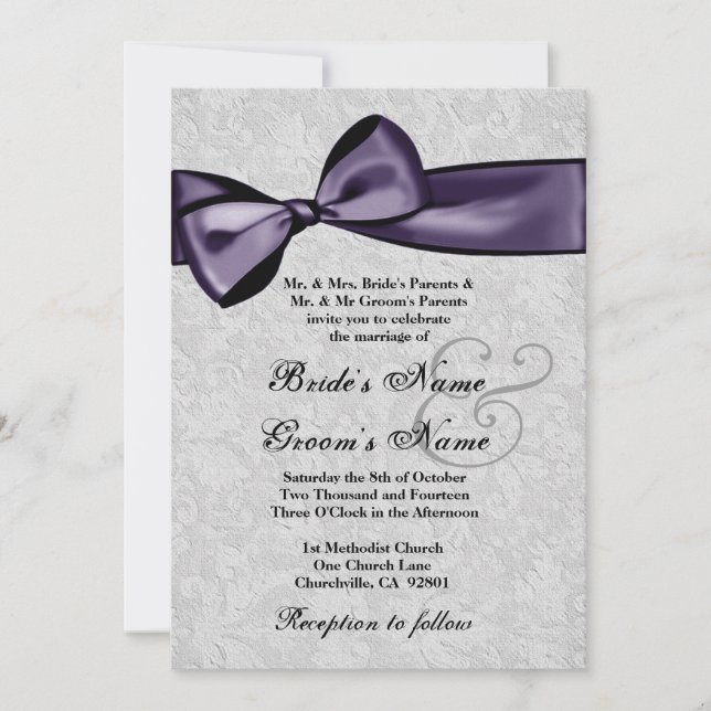 Invitation Damas d'argent et Mariage profond de cou pourpre (Devant)