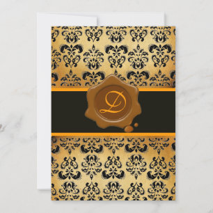 INVITATION DAMAS JAUNE BRUN ET NOIR, MONOGRAMME À SCEAU DE CI