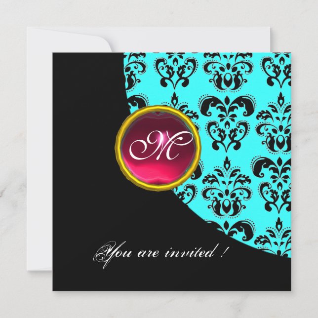 Invitation DAMAS MONOGRAMME NOIR ET BLEU, rubis rouge, turquo (Devant)