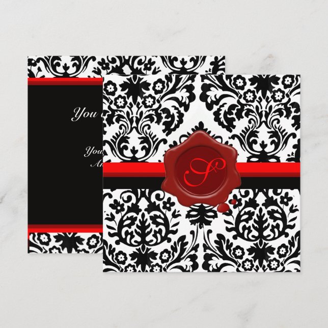 INVITATION DAMAS NOIR & BLANC, MONOGRAMME ARGENTÉ SCEAU DE CI (Devant / Derrière)