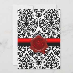INVITATION DAMAS NOIR & BLANC, MONOGRAMME AVEC SCEAU DE CIRE 