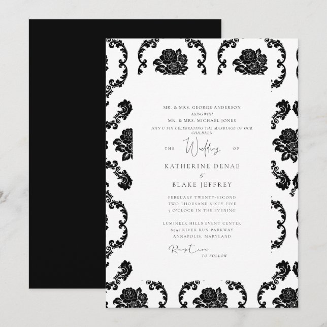 Invitation Damas noir et blanc Mariage des deux parents (Devant / Derrière)