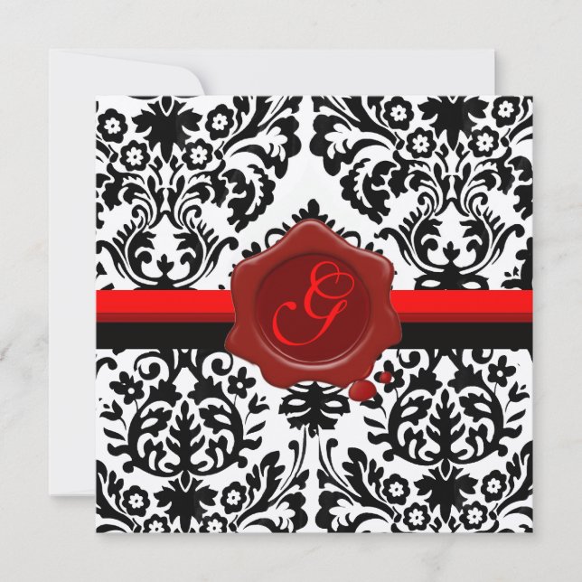 INVITATION DAMAS NOIR ET BLANC, MONOGRAMME DE CIRE ROUGE OR (Devant)