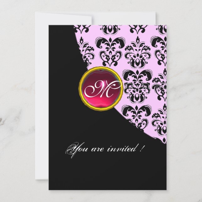 Invitation DAMAS NOIR ET BLANC MONOGRAMME, rubis rouge, fuchs (Devant)