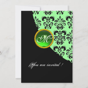 Invitation DAMAS NOIR ET VERT MONOGRAMME, émeraude