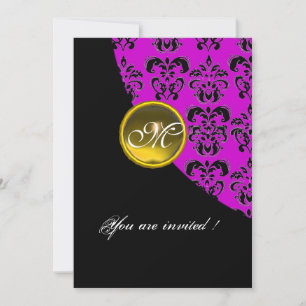 Invitation DAMAS NOIR ET VIOLET MONOGRAMME, topaze jaune