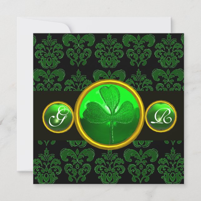 INVITATION DAMAS NOIR VERT AVEC MONOGRAMME ÉMERALDE SHAMROCK (Devant)