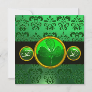INVITATION DAMAS NOIR VERT , MONOGRAMME TRÈFLE