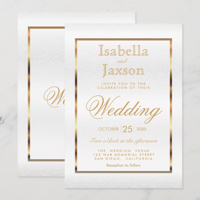 Invitation Damas or et blanc - Mariage (Devant / Derrière)