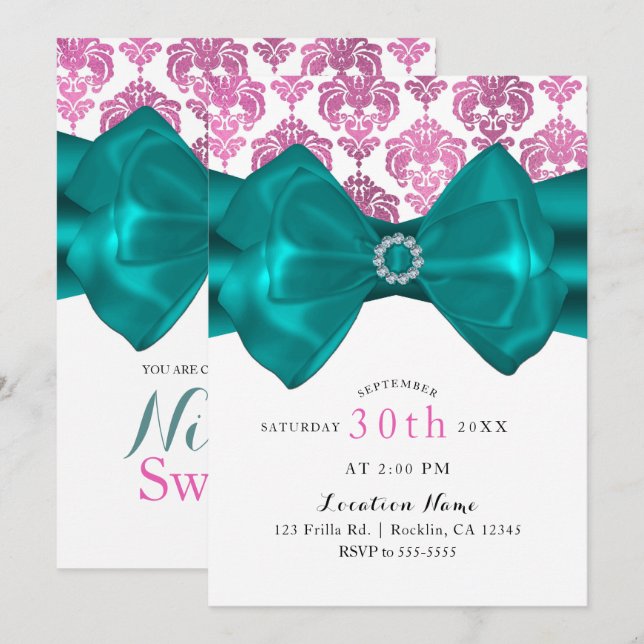 Invitation Damas rose et blanc Turquoise Bow Glam Sweet 16 Pa (Devant / Derrière)