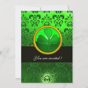 Invitation DAMAS VERT AVEC TRÈFLE À TROIS FEUILLES, noir