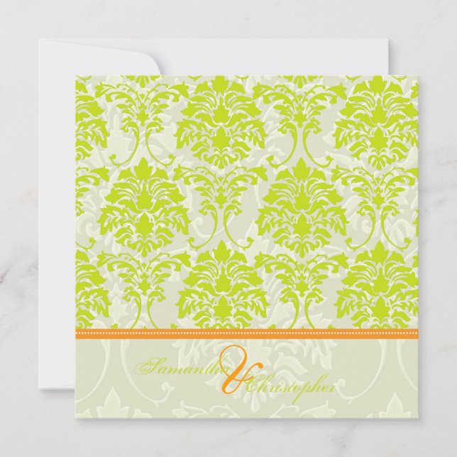 Invitation Damas vert citron sur ivoire/accent orange (Devant)