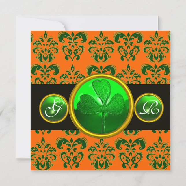 Invitation DAMAS VERT OU ORANGE, MONOGRAMME SHAMROCK noir (Devant)