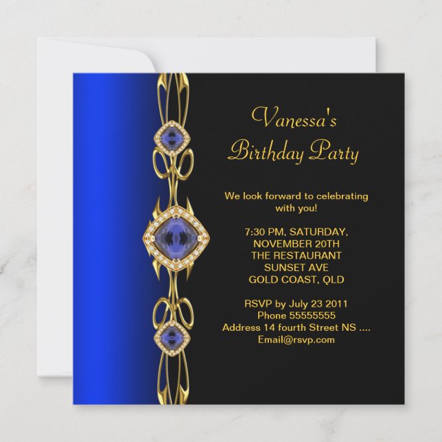 Invitation Damask Anniversaire Fête Colbalt Bleu Or Noir (Devant)