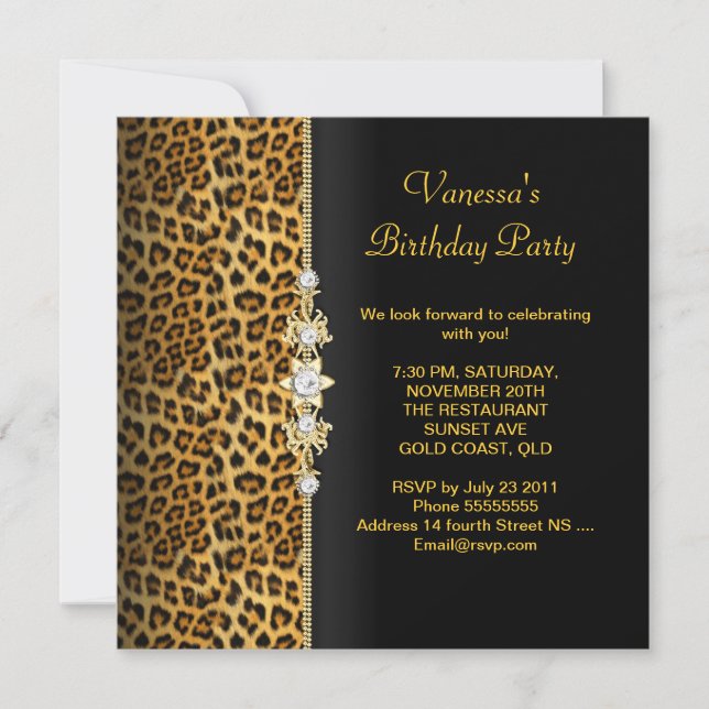 Invitation Damask Birthday Party Gold Black Leopard (Devant)
