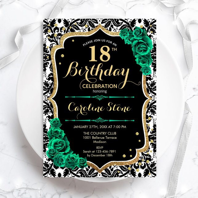 Invitation Damask Black Gold Green Roses 18e anniversaire (Créateur téléchargé)