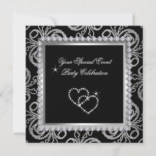Invitation Damask Black Silver Diamonds Heart Party
