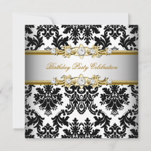 Invitation Damask Black White Gold Crème Argent Élégante Part