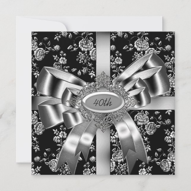 Invitation Damask Black White Jewel Argent Bow 40e (Devant)