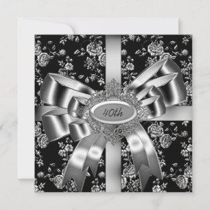 Invitation Damask Black White Jewel Argent Bow 40e