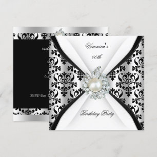 Invitation Damask Black White Pearl Diamond fête d'anniversai