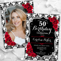 Damask Black White Silver Red Photo 50th Birthday