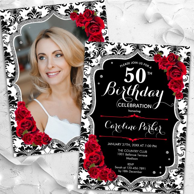 Invitation Damask Black White Silver Red Photo 50th Birthday (Créateur téléchargé)