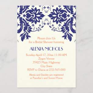 Invitation Damask bleu marine, corail mariage douche nuptiale