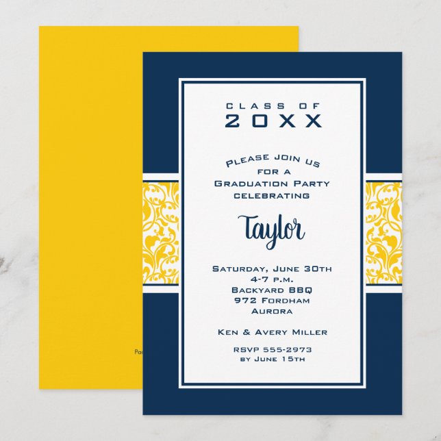 Invitation Damask Blue Yellow Graduation Party (Devant / Derrière)