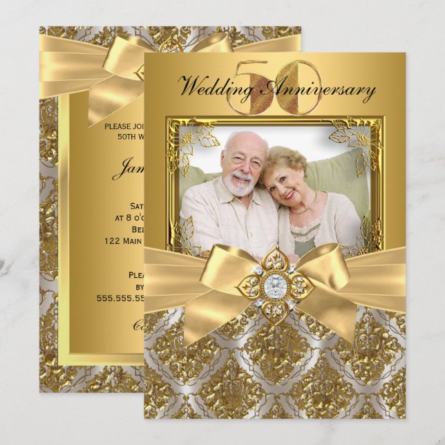 Invitation Damask & Bow Photo Gold 50th Anniversary Invitatio (Devant / Derrière)
