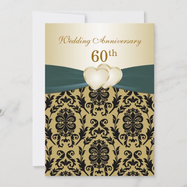 Invitation Damask coeur d'or noir 50e anniversaire Mariage (Devant)
