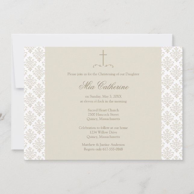 Invitation Damask Cream Cross Christening / Baptême (Devant)
