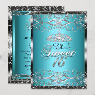 Invitation Damask & Diamond Tiara Blue Silver Sweet 16 Invita