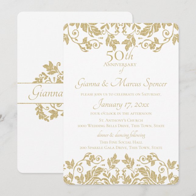 Invitation Damask doré 50e anniversaire (Devant / Derrière)