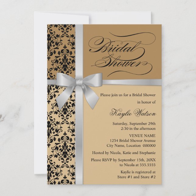 Invitation Damask Faux Silver Ribbon Fête des mariées d'autom (Devant)
