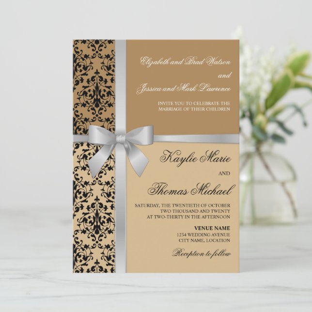 Invitation Damask Faux Silver Ribbon Mariage d'automne (Debout devant)