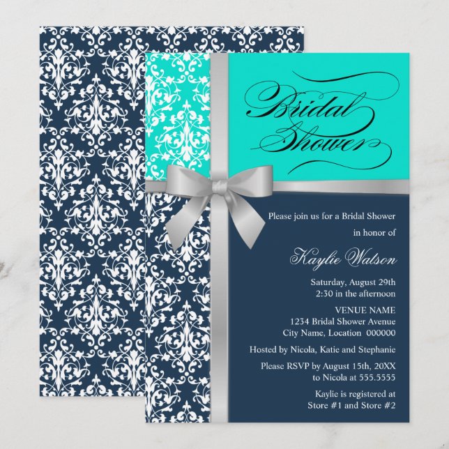Invitation Damask Faux Silver Ribbon Marine Aqua Fête des mar (Devant / Derrière)