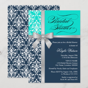 Invitation Damask Faux Silver Ribbon Marine Aqua Fête des mar