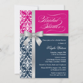 Invitation Damask Faux Silver Ribbon Marine Fête des mariées 