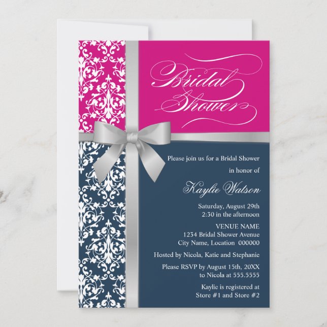 Invitation Damask Faux Silver Ribbon Marine Fête des mariées  (Devant)