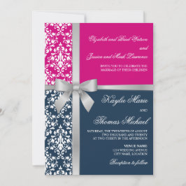 Invitation Damask Faux Silver Ribbon Navy Fuchsia Mariage