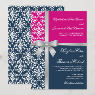 Invitation Damask Faux Silver Ribbon Navy Fuchsia Mariage
