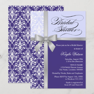 Invitation Damask Faux Silver Ribbon Purple Fête des mariées