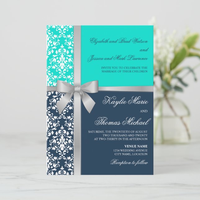 Invitation Damask Faux Silver Ruban Marine Aqua Mariage (Debout devant)