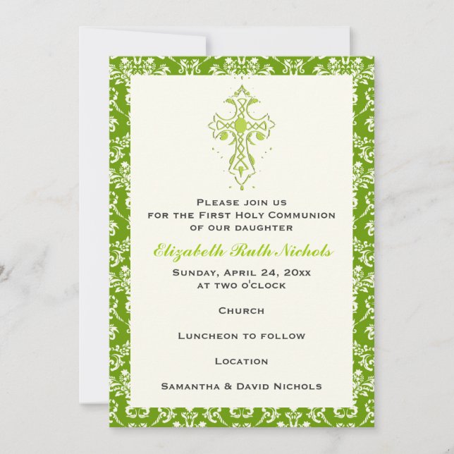 Invitation Damask First Holy Communion Baptism Confirmation (Devant)