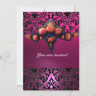 INVITATION DAMASK GEM ET ROSES PINK MONOGRAMME
