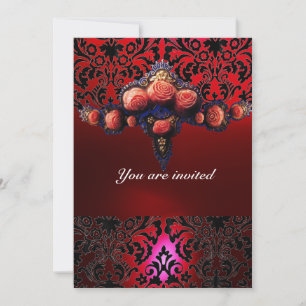 INVITATION DAMASK GEM ET ROSES PINK MONOGRAMME