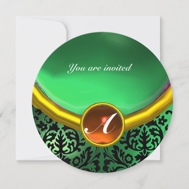 Invitation DAMASK GEM PIERRE MONOGRAMME orange vert (Devant)