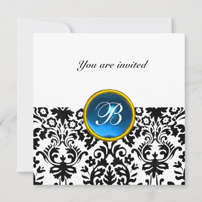 Invitation DAMASK GEM STONE MONOGRAM saphir bleu blanc (Devant)